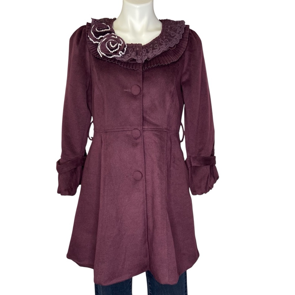 ANTHROPOLOGIE RYU Peacoat Lace Collar Rosette Pearl Embellished Purple Large